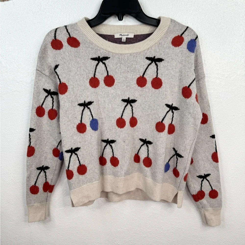 Madewell Sweater Womens XS Cherry Knit Crew Neck Pullover Sweater Cream Multi